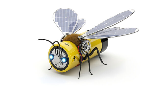 Futuristic mechanical robot bee with solar panel wings and a yellow battery body, green technology and eco-robotics concept.