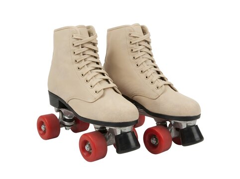 Pair of beige vintage roller skates with red wheels isolated on white background.