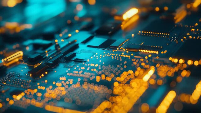 Glowing electronic circuit board showcasing microchip components and computer hardware transferring information in a futuristic digital technology network, symbolizing innovation and computing power