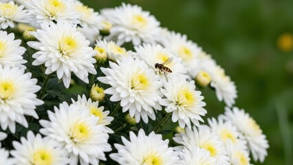 Fototapeta premium Close up of hoverfly on a cluster of white chrysanthemums, in tranquil garden setting