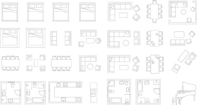 Architectural floor plan furniture symbols set including beds sofas dining tables and bathroom fixtures for interior design layout vector