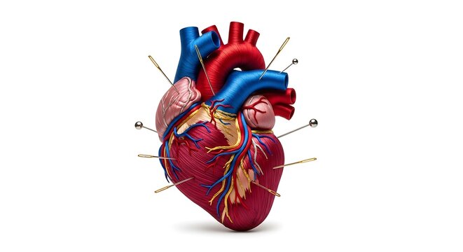 Realistic human heart model integrated with intricate golden mechanical gears, biomedical engineering and cardiology concept