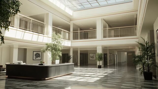 Modern corporate atrium with a bright open plan lobby, skylight lit reception, polished marble floors, minimal greenery and wide, airy pathways creating an inviting professional space