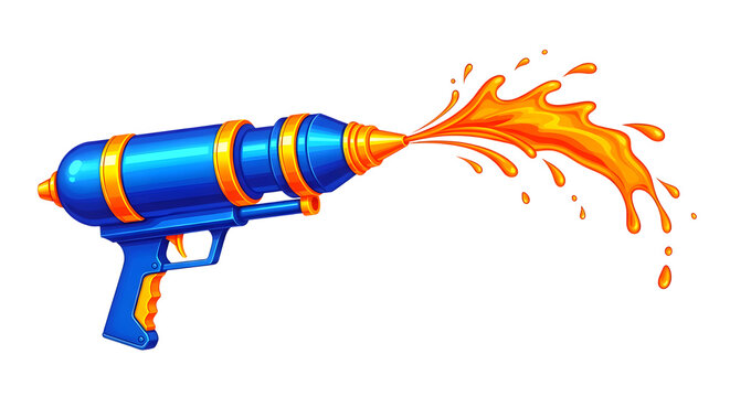 Blue and orange toy water gun shooting liquid stream isolated on transparent background for summer game design