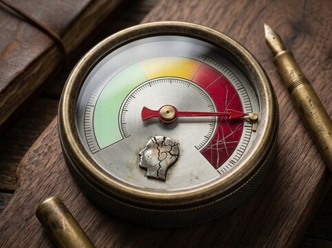 Vintage mental state indicator gauge with cracked head symbol and fountain pen on rustic wood