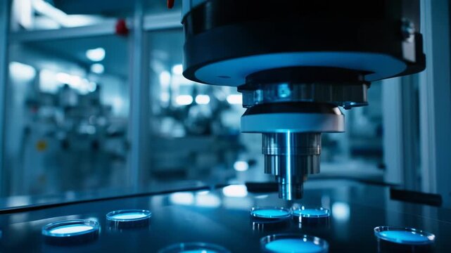 Robot arm performing intricate sample manipulation on a sterile workbench with petri dishes, highlighting advanced automation and scientific research in a high tech pharmaceutical lab