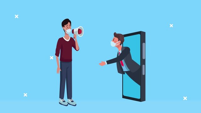 Animated video of young man with megaphone and businessman in smartphone wearing face masks.