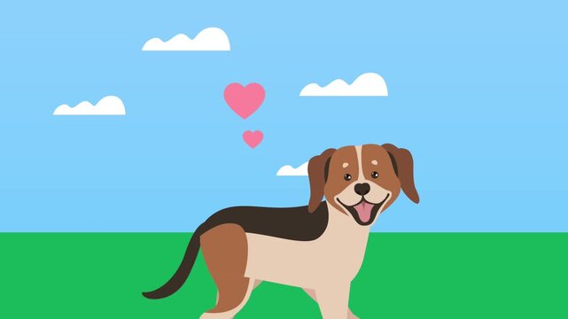 Happy beagle dog walking in a sunny park with green grass, blue sky, and white clouds, hearts floating by.