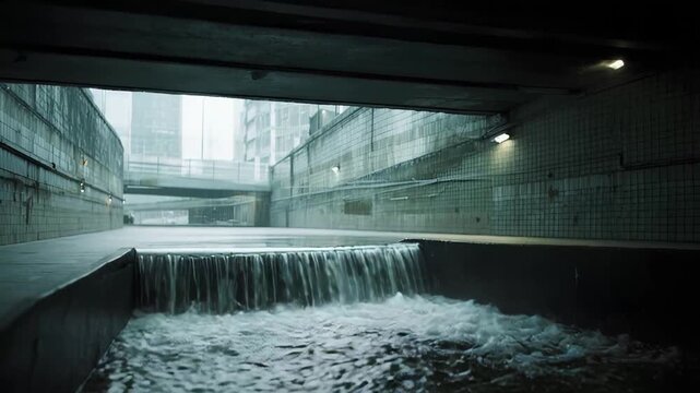 Water flowing over a man made waterfall inside a concrete canal, with urban buildings and a bridge visible in the background, conveying themes of urban infrastructure and water management