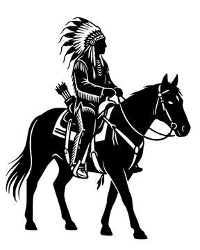 Powerful silhouette of a Native American warrior wearing a traditional feathered war bonnet. Minimalist black vector art of an indigenous chief profile on a clean background.