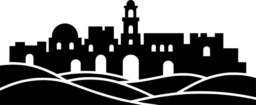 Minimalist silhouette of an Arab man in traditional thobe and ghutra riding a walking camel. Clean vector art of a desert nomad journey on a plain background for travel or cultural design.
