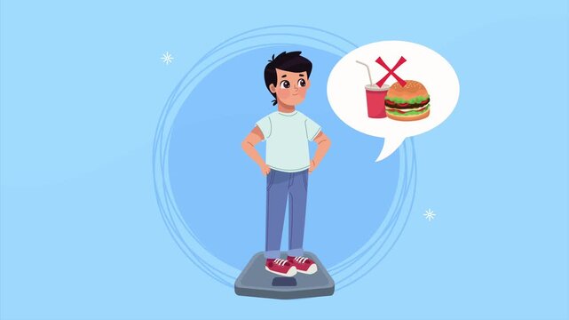 Young boy stands on scale thinking about unhealthy food and drinks with a no symbol.