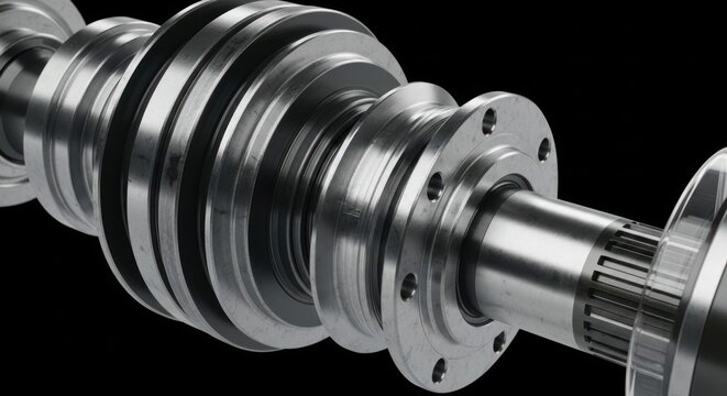 Close-up of a complex industrial metal shaft with gears and flanges against a black background.