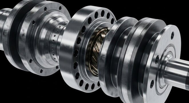 Close-up of a complex industrial metal shaft with multiple flanges and bearings against a black background.