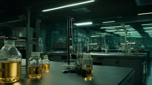 Modern scientific laboratory featuring multiple workstations with beakers and flasks containing yellow liquid under cool fluorescent lighting, emphasizing research and chemical experimentation