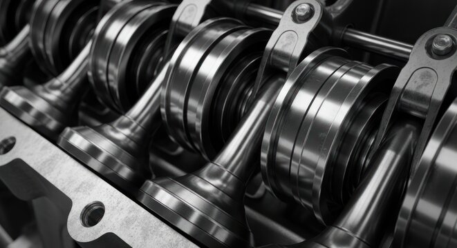 Close-up of a complex internal combustion engine cylinder head with valves and camshafts.