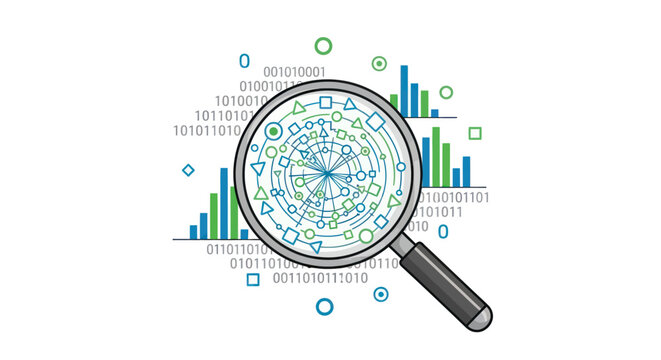 Magnifying glass over complex data visualization with binary code and bar charts