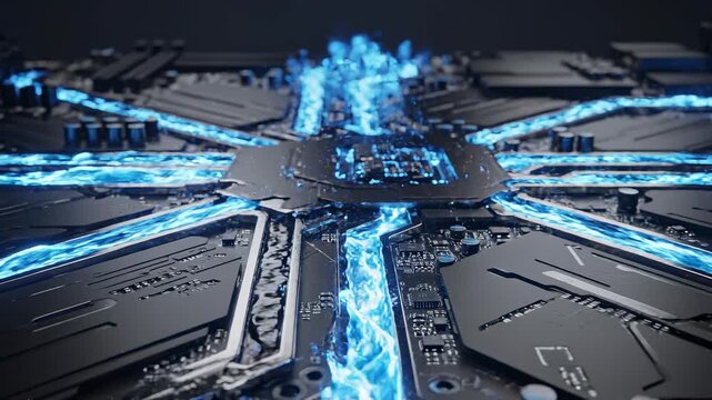 Close-up of glowing blue circuit board with radiant pathways and metallic components.