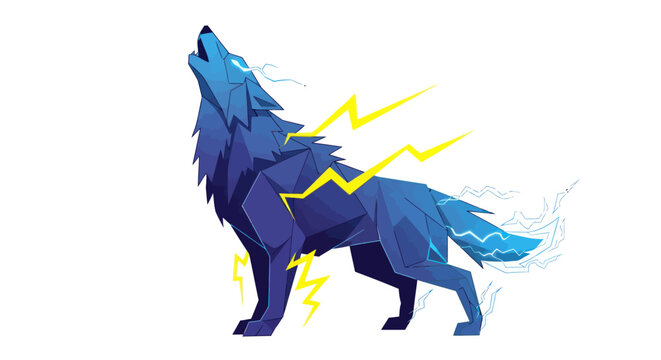 Geometric blue wolf howling with lightning bolts, abstract energy spirit animal
