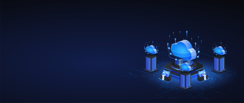 Cloud computing infrastructure isometric. cloud technology computing with data server and digital storage concept web banner.
