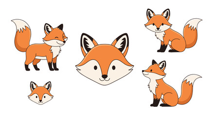 Fototapeta premium Collection of cute red fox illustrations features the animal in various sitting, standing, and detailed facial poses.
