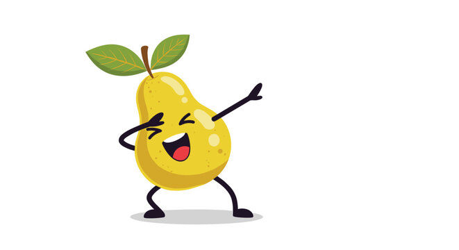 Fun and cheerful cartoon yellow pear character is performing a trendy dab dance move on a plain white background.
