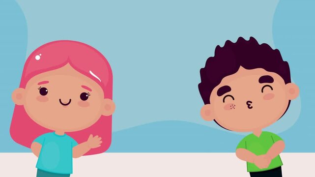 Cartoon children animation featuring happy little boy and girl waving and smiling on blue background.