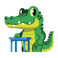 Fototapeta premium Cute Happy Crocodile Character Standing by a Small Blue Table for Kids Learning and Education