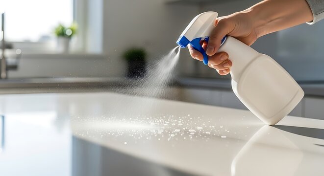 Hand Spraying Cleaning Solution Countertop.