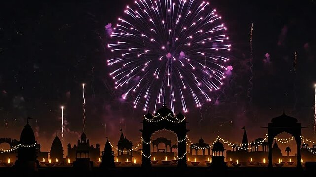 Bright colorful fireworks explode over a silhouette of traditional ancient buildings