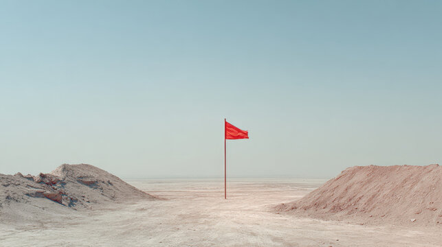 Red flag stands between two dirt mounds in barren landscape under clear sky symbolizing supply chain challenges and resilience in harsh conditions