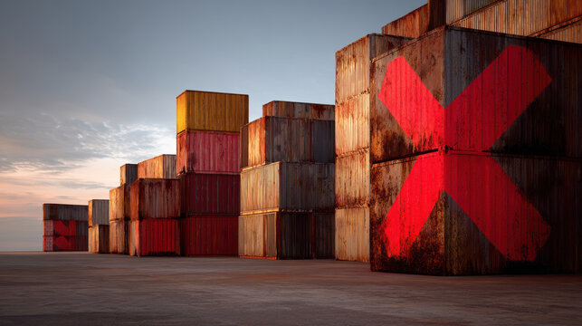 Rusty shipping container with red cross mark highlights supply chain issues in logistics and transport at sunset