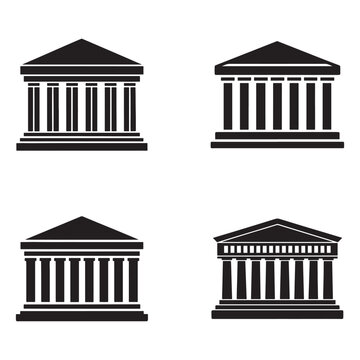 Four black and white illustrations of ancient greek or roman buildings with columns and triangular roofs