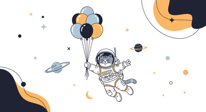 Cute cat astronaut floating in outer space while holding a bunch of colorful balloons near planets and stars in a cartoon style.