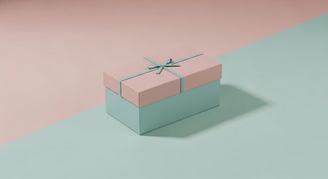 A pastel pink and light blue gift box with a delicate string bow, placed on a diagonally split background of matching colors.