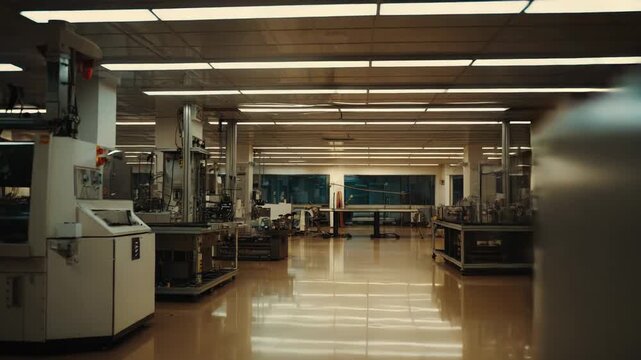 Industrial facility featuring automated precision machinery and sophisticated equipment operating within a sterile cleanroom environment. Focused on semiconductor production and electronic components