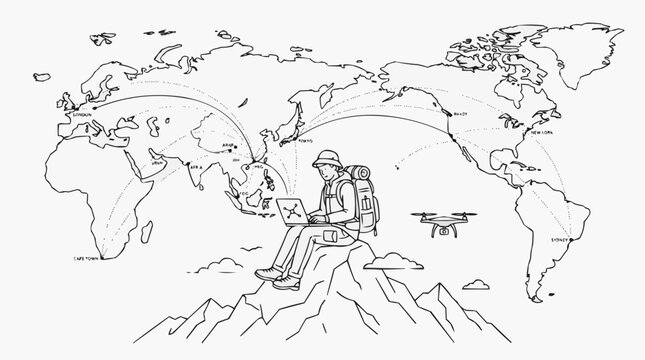 silhouette of a horse backpacker, nomad, travel, adventure, mountain, laptop, drone, remote, work, digital, explorer, hiking, summit, journey, tourism, freelance, wanderlust, connection, network, glob