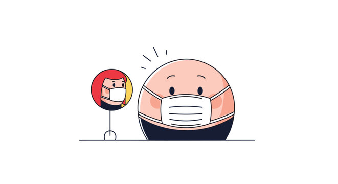 Round character resembling Humpty Dumpty wearing a white medical face mask for protection with another small character in a circle.