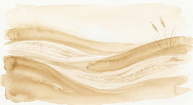 Abstract watercolor art, showcasing rolling hills or gentle desert dunes. Soft sepia and beige hues paint a tranquil, minimalist landscape. Nature's quiet beauty unfolds in fluid brushstrokes