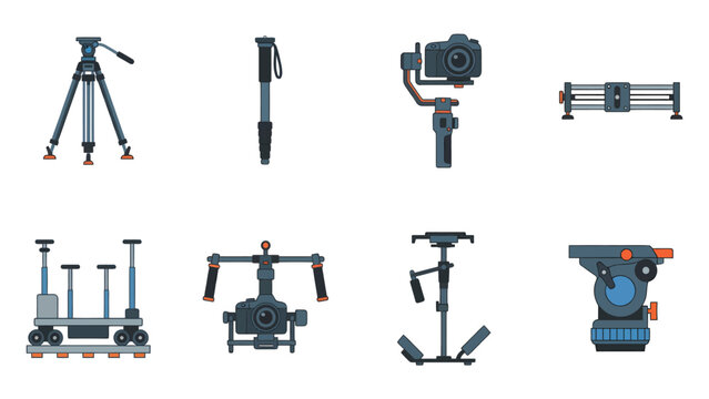 Set of various professional camera accessories including tripods, stabilizers, and sliders for videography and photography.