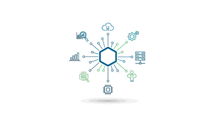 Fototapeta premium Centralized Network Hub Connecting Digital Services and Data Analysis Icons