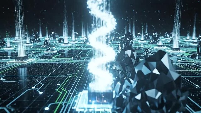 A digital landscape featuring glowing data towers on a complex circuit board surface