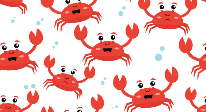 Seamless pattern design with cute red crabs and blue bubbles floating on a clean white background for kids or nautical themes.