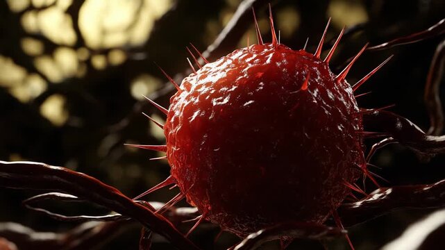 Microscopic view of a dangerous red virus or bacteria cell, with spiky protrusions, aggressively infecting and spreading within the human body, representing health threats and medical challenges