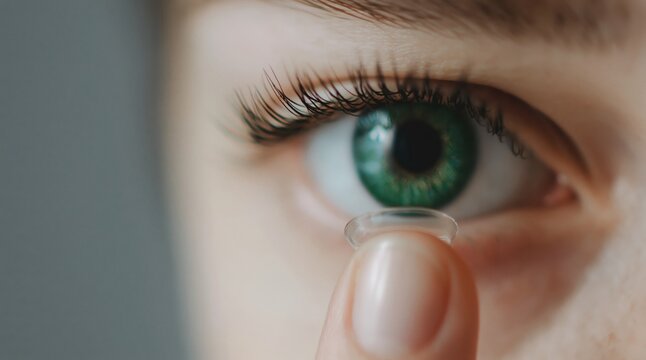 Detailed macro shot shows finger carefully placing vibrant green contact lens onto iris of human eye, highlighting vision correction and eye care.