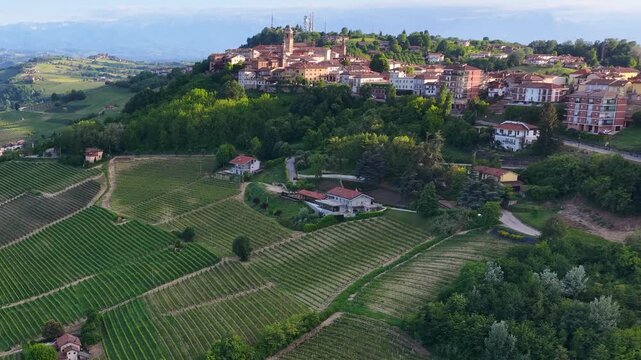 Aerial Timelapse of Clouds Passing Over Piedmont Vineyards and Roddino Village