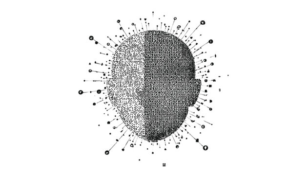 Human head profile presents a split design of stippled texture and radiating lines to represent the dual nature of analytical logic and intuitive creativity within the complex human brain.