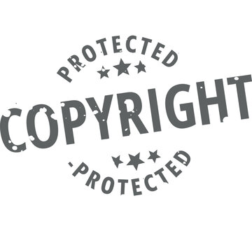 Protected text stamp shows a dark grey circular motif with star icons and distressed letterforms designed to signify digital content safety and intellectual property rights in various creative files.