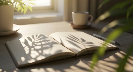 Fototapeta premium Open book with shadow of leaves on wooden desk near sunny window