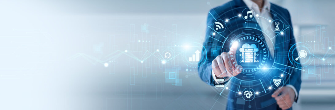 Cloud engineer pointing at Cloud Computing and networking distributed data systems, scalable infrastructure, remote storage solutions, digital transformation, enterprise computing technology